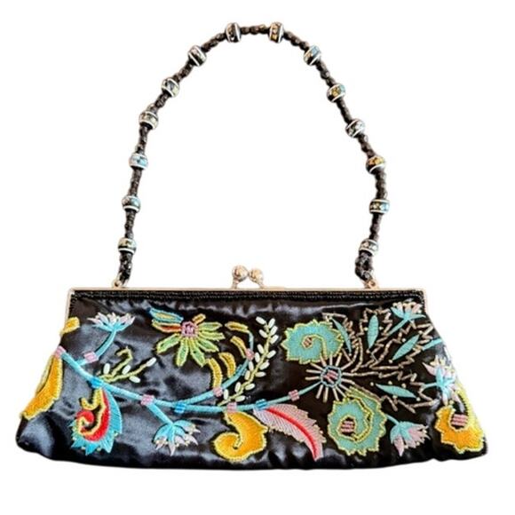 Chateau Black Satin Beaded Handle Clutch Purse Floral Embroidered Evening Bag - Picture 2 of 5